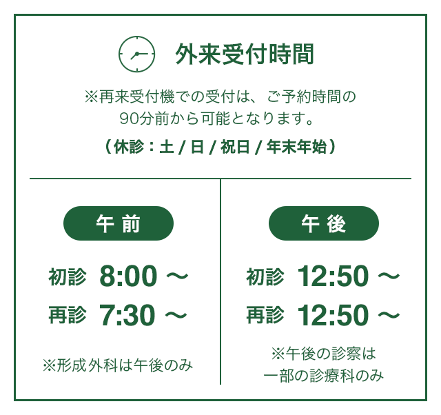 外来受付時間※再来受付機での受付は、ご予約時間の90分前から可能となります。│午前：初診 8:00～，再診 7:30～ ※形成外科は午後のみ│午後：初診 12:50～，再診 12:50～ ※午後の診察は一部の診療科のみ